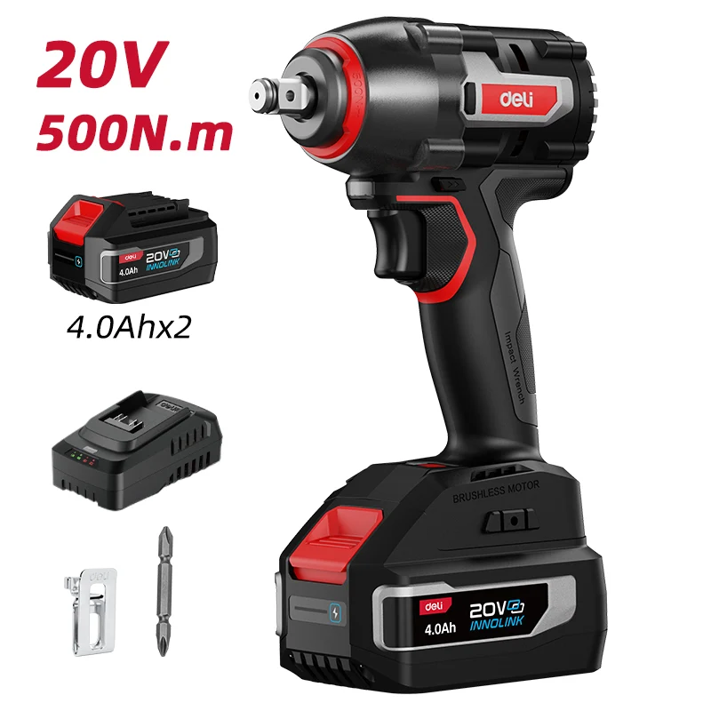 Deli Tools 20V iskevä mutterinväännin 500 Nm (sisältää 2*4,0 Ah akut + laturin)