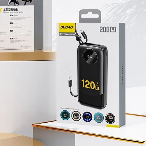 Dudao K13 10000 mAh ulkoinen akku integroidulla kaapelilla - Musta
