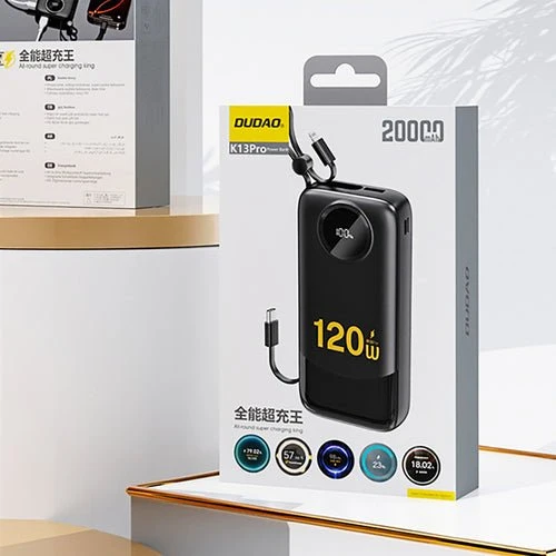 Dudao K13Pro 20000 mAh virtapankki, sisäänrakennettu kaapeli - Musta