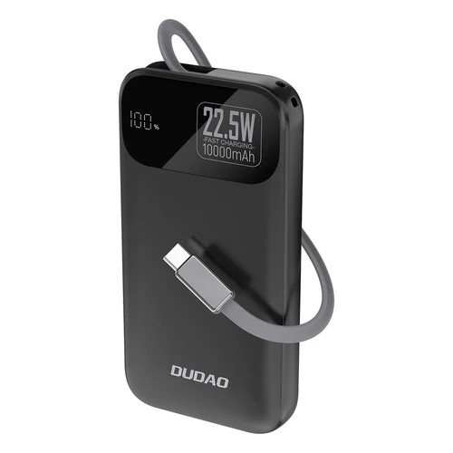 Dudao K31 10000 mAh 22,5 W PD sisäänrakennetulla kaapelilla - Musta