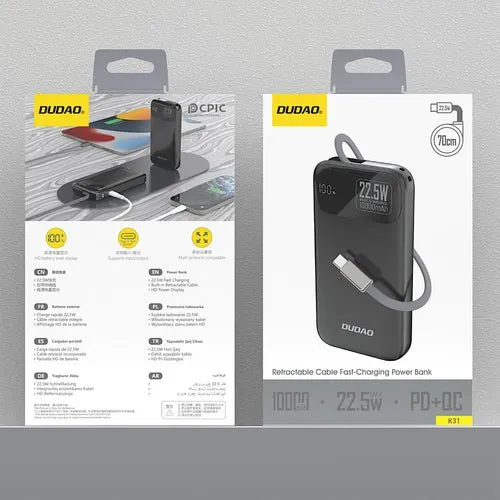 Dudao K31 10000 mAh 22,5 W PD sisäänrakennetulla kaapelilla - Musta