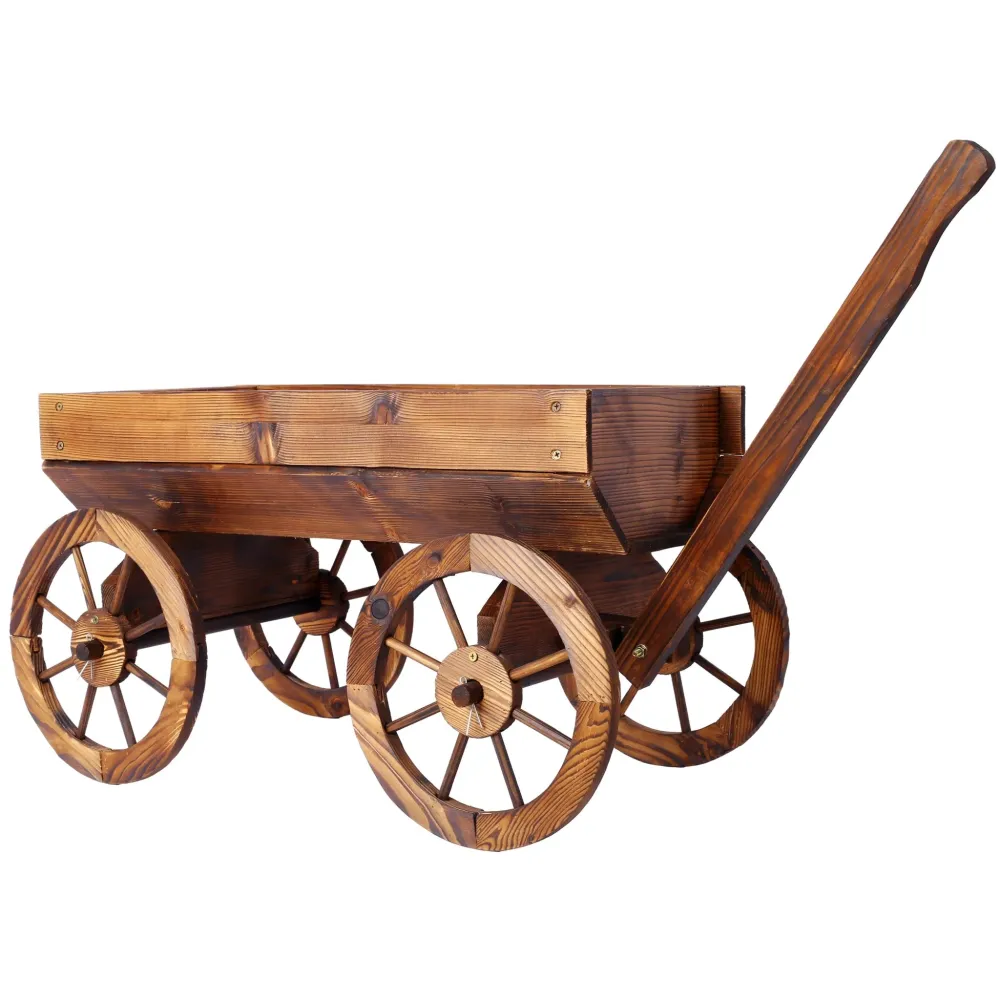 Wood Wagon Flower Planter Pot Stand W/Wheels - ruskea